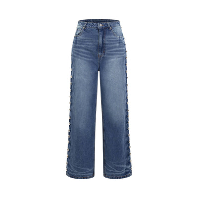 Women’s Blue Denim Jeans with Rivet Detail Loose Fit, Non-Stretch