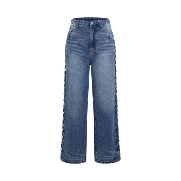 Women’s Blue Denim Jeans with Rivet Detail Loose Fit, Non-Stretch