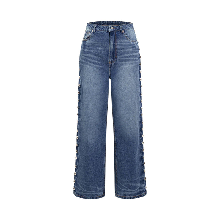 Women’s Blue Denim Jeans with Rivet Detail Loose Fit, Non-Stretch