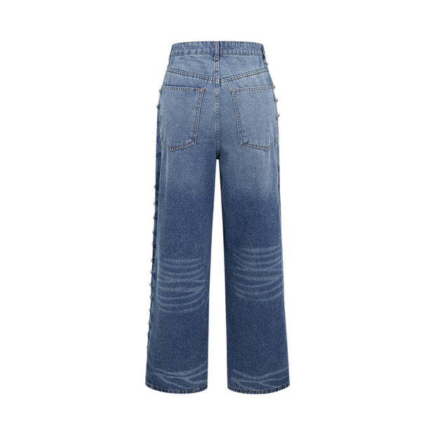 Women’s Blue Denim Jeans with Rivet Detail Loose Fit, Non-Stretch