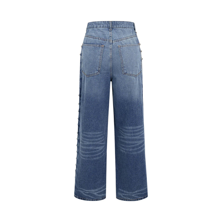 Women’s Blue Denim Jeans with Rivet Detail Loose Fit, Non-Stretch