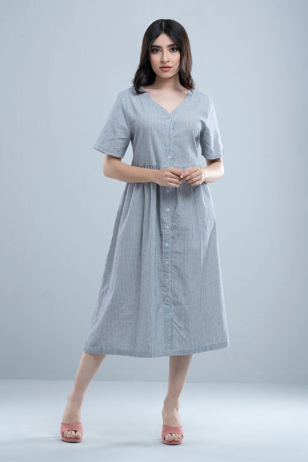 City Fashion Classic Shirt-Patterned V-Neck Dress