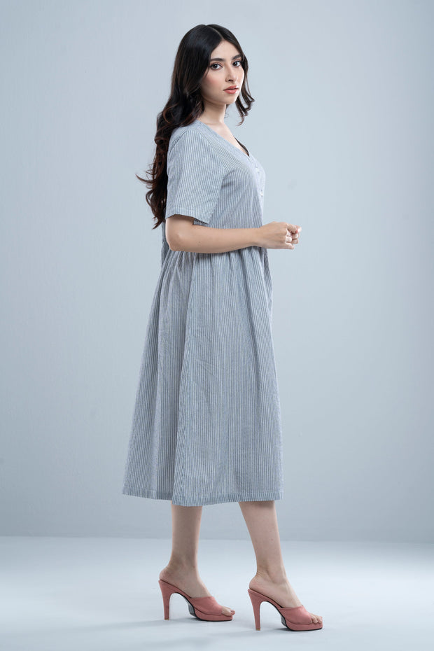 City Fashion Classic Shirt-Patterned V-Neck Dress