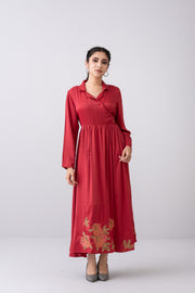 City Fashion Rose-Detailed Satin Long Dress